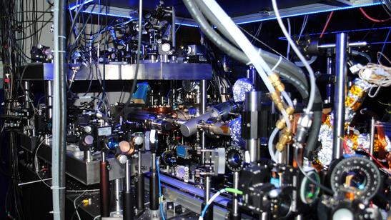 Photograph of the experiment - a lot of optics and cables!