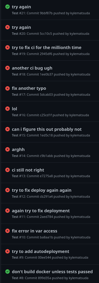Screenshot of 13 failed CI runs